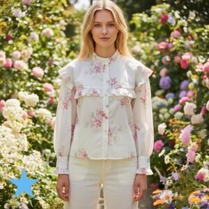 Rebecca Taylor Maia Ivory & Pink Floral Ruffled Victorian Cotton Blouse Sz 10 L